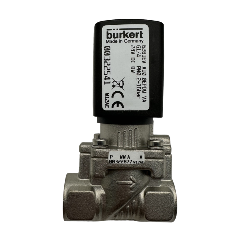 โซลินอยด์วาล์วไดอะแฟรมเซอร์โวไหลขนาดใหญ่ Burkert รุ่น 6281 00222022 00222023 00222024 เกลียว G1 1/4 2/2 NC ตัววาล์วสแตนเลส ซีล EPDM ช่องเปิด 25.0 ขดลวด 8W DC24V/AC24V/AC220V