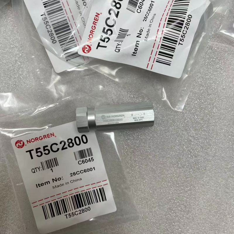 วาล์วกันกลับแบบนิวแมติกแบบกะทัดรัด T55C2800 IMI Norgren เกลียว G1/4 BSPP วาล์วกันกลับน้ำหนักเบาสำหรับวงจรนิวแมติกของหุ่นยนต์
