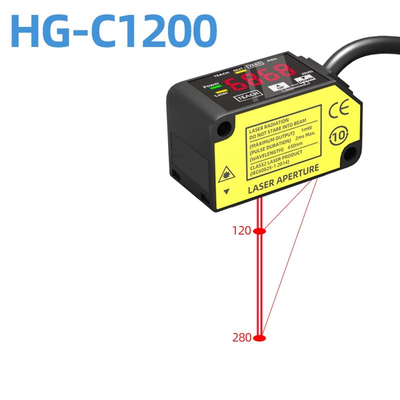 เครื่องตรวจจับการกระจัดด้วยเลเซอร์สีแดงที่มองเห็นได้ HG-C1200 ความเสถียรต่ออุณหภูมิ 0.05 เปอร์เซ็นต์ Fs ต่อองศาเซลเซียส โหมดเปิด/ปิดแสงที่เลือกได้สำหรับการทดสอบตำแหน่งในอุตสาหกรรม
