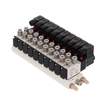 Airtac 4V310-10 โซลินอยด์วาล์วแบบหลายสถานี กลุ่ม 7 8 9 10 ช่องรับอากาศส่วนกลาง ฐานอลูมิเนียมอัลลอยด์ การจัดวางไอเสียแบบรวมศูนย์สำหรับการควบคุมอากาศหลายช่องทาง